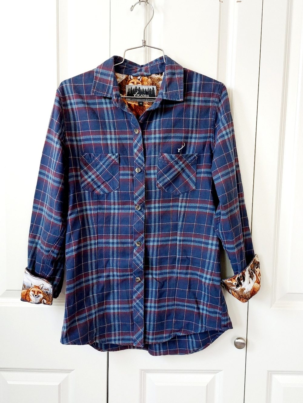 Fox Blue Plaid Flannel Pladra Shirt  Medium 100% Cotton Made In USA Western